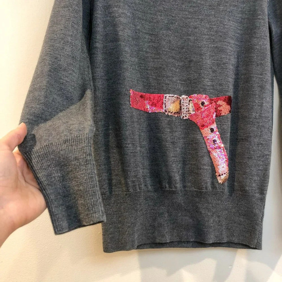 Markus Lupfer 100% Merino Wool Sequin Flamingo Crew Neck Grey Graphic Sweater XS - Picture 2 of 9